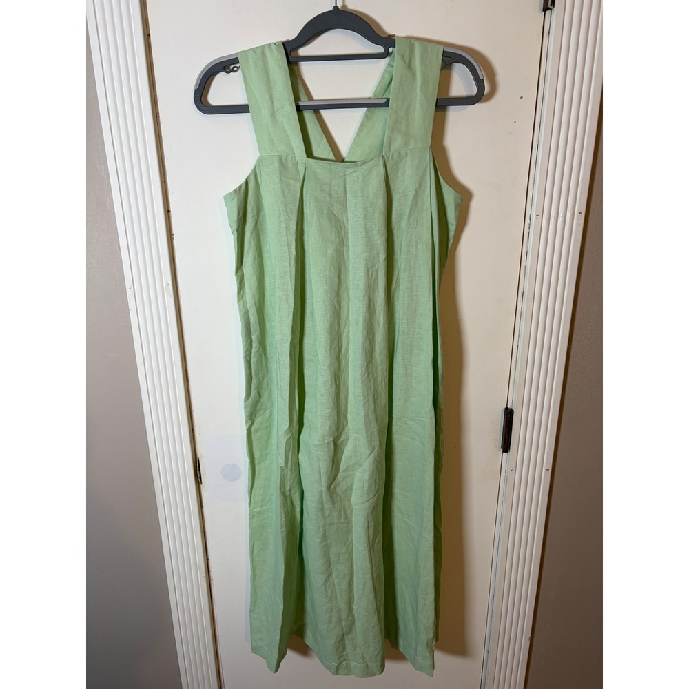 YIYUE Mint Green Linen Blend Pleated Midi Dress Sleeveless Cross Back Small NWT